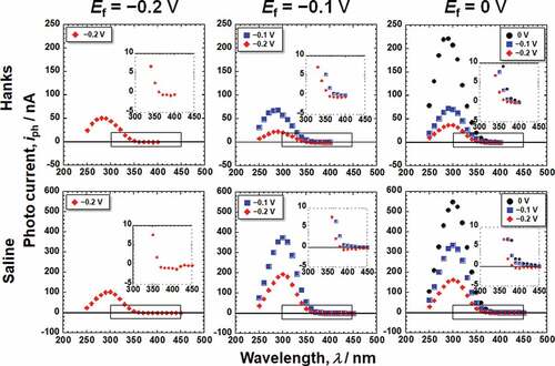 Figure 3. Photocurrent responses of the passive films formed on Ti in Hanks and saline.