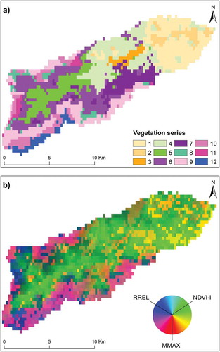 Figure 5. (a) Structural and (b) functional maps of vegetation series derived from the MODIS satellite images. Numbers in the legend refer to the 12 vegetation series (see Table 1 for definitions).