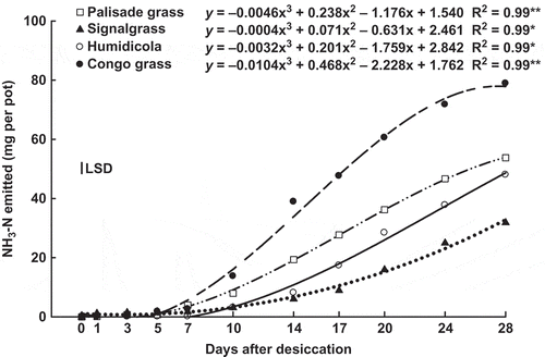 Figure 7 Accumulated emission of ammonia (NH3-N) by shoot of palisade grass (Brachiaria brizantha (Hochst. ex A. Rich) Stapf) (□), signalgrass (Brachiaria decumbens Stapf) (▲), humidicola (Brachiaria humidicola (Rendle) Schweick) (○) and Congo grass (Brachiaria ruziziensis Germain et Evrard) (●) as affected by time after desiccation with glyphosate. * = significant (F test, P > 0.05) and ** = significant (F test, P > 0.01). Vertical bar indicates least signficant difference (LSD) comparing species (P > 0.05).