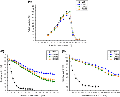 Figure 2. Thermostability tests of MTG and its three penta-site mutations. Error bar presents standard deviation. (A): Specific activity at various temperatures; (B): thermostability of selected thermostable variants at 60 °C; (C): thermostability of selected thermostable variants at 50 °C.