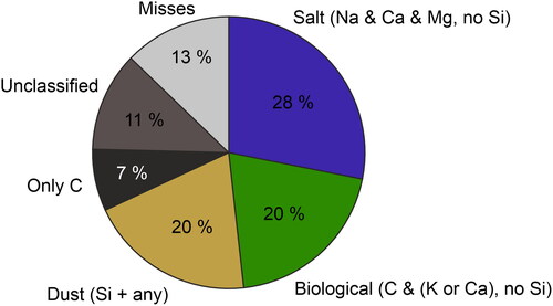 Figure 11. The relative fractions of the particle categories in the outdoor aerosol sample. Most particles were classified into the Salt category (28%), followed by Biological and Dust (20% each). 7% Included only carbon and 11% were unclassified. The unclassified particles consisted mainly of Na-rich (6%) and Ca-rich (4%) particles.