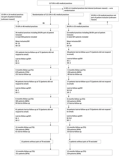 Figure 1 Overview of the patients’ flow. from 930 patients in the Rise-uP group and 307 in the CG 511 patients in the Rise-uP group and 224 patients in the CG completed all follow-ups (T1, T2, T3).