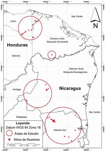 Figura 1. Área de estudio y sitios de muestreo en el Caribe de Honduras y Nicaragua. Las 68 localidades se describen de forma específica en el Apéndice 1