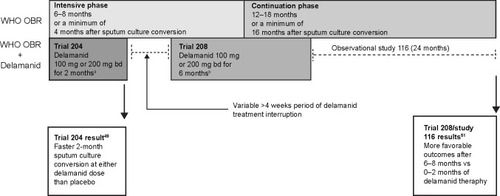 Figure 1 Summary of the design and results of Phase IIb and observational studies of delamanid therapy.