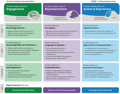 Figure 2. Universal Design for Learning Guidelines version 2.2. Retrieved from http://udlguidelines.cast.org (CAST, Citation2018a).