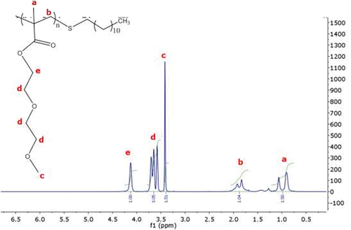Figure 2. NMR spectrum of the prepared poly(diethyleneglycolmethylmethacrylate) (PDEGMA). and 4% (w/v) PDEGMA.