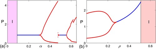 Figure 3. Sensitive analysis of model (Equation1(1) ∂Ndt=α−bN−eNP+d1ΔN,∂Pdt=βN(t−τ)P−cPZh+P−mP−rP2+d2ΔP,∂Zdt=dPZh+P−kZ−ρPZh+P+d3ΔZ.(1) ) based on one-dimensional space solutions. The solid blue line represents the stable equilibrium, and the solid red line represents the maximal and minimal amplitudes of phytoplankton biomass. Figures show the effects of (a) nutrient input rate (α) on the model (Equation1(1) ∂Ndt=α−bN−eNP+d1ΔN,∂Pdt=βN(t−τ)P−cPZh+P−mP−rP2+d2ΔP,∂Zdt=dPZh+P−kZ−ρPZh+P+d3ΔZ.(1) ) with ρ=0.05 and τ=15, and (b) rate of toxin liberation (ρ) on the model (Equation1(1) ∂Ndt=α−bN−eNP+d1ΔN,∂Pdt=βN(t−τ)P−cPZh+P−mP−rP2+d2ΔP,∂Zdt=dPZh+P−kZ−ρPZh+P+d3ΔZ.(1) ) with α=0.35 and τ=15.