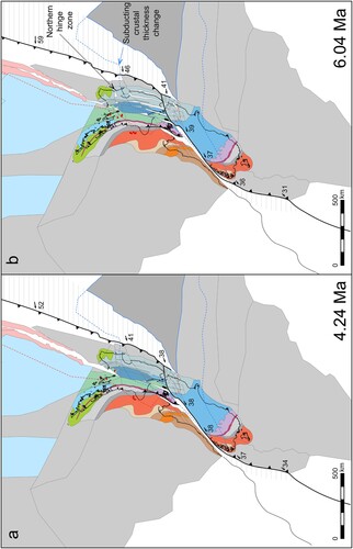 Figure 9. Retro-deformation of the Aotearoa-New Zealand plate boundary zone. Crustal block reconstruction presented for the A, Pliocene and B, Late Miocene. See Figure 8 caption for more details.