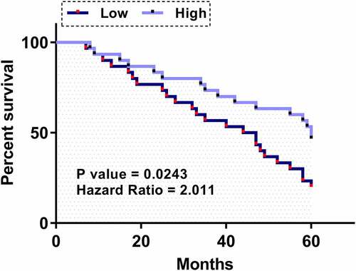 Figure 4. Prognostic value of plasma FAM230B for LA Survival analysis was performed by carrying out a 5-year follow-up study, followed by a survival curve analysis. The 60 LA patients were divided into high and low FAM230B levels groups (n = 30, cutoff value = median plasma expression level of FAM230B). Using the 5-year follow-up data, survival curves were plotted for both high and low FAM230B groups. Log-rank test was applied to compare survival curves.