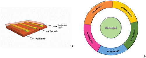 Figure 3. (a) A sketch showing the fundamental elements of a passive grid: a conductive film embedded into two layers of flexible polymeric materials; (b) the five properties that enhance grid functionalities to overcome challenges for a high-density recording/stimulating active grid.