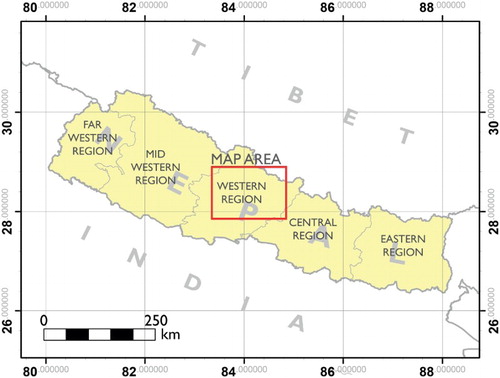 Figure 1. Regional map of Nepal. Map shows the international administrative boundaries of Nepal, India and Tibet, plus the boundaries of the five administrative districts of Nepal (data provided by ESRI Inc.). The red square indicates the location of the 1:200,000 geological map of the Dhaulagiri-Annapurna-Manaslu Himalaya.