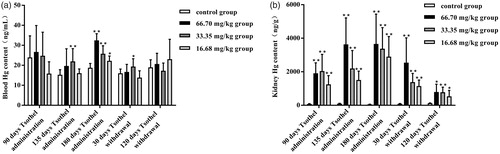 Figure 1. Hg concentrations in the blood (A) and kidney (B) (N = 184). Rats were orally administered different doses of tsothel (66.70, 33.35 and 16.68 mg/kg) daily for 90, 135 and 180 days and subjected to tsothel withdrawal for 30 and 120 days. Blood and tissues were digested in HNO3, and then the Hg contents were determined by inductively coupled plasma mass spectrometry (ICP-MS). Data represent the mean ± SD. *Significantly different from the control, p < 0.05, **Very significantly different from the control, p < 0.01.