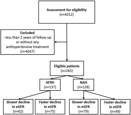 Figure 1. Flow chart of the study. ATRH: apparently treatment-resistant hypertension; eGFR: estimated glomerular filtration rate (Chronic Kidney Disease Epidemiology Collaboration formula 2021); NAH: non-resistant arterial hypertension.
