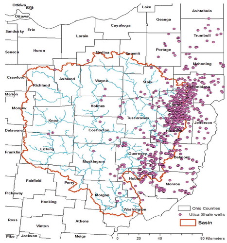 Figure 2. Utica shale wells in the State of Ohio, USA, from January 2011 to September 2013, indicating more wells in Eastern Ohio.