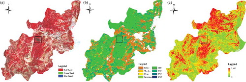 Figure 10. (a) The 30 m HJ-1 reflectance image, (b) land cover map and (c) HJ-1 LAI map of Yimen County.
