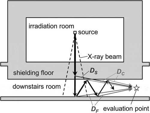 Figure 1. X-ray paths for the new analytical method. The arrows indicate simplified examples of X-ray paths. Some X-rays actually include the paths scattered or reflected in the direction opposite to that toward the evaluation point on the way.