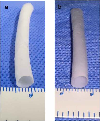 Figure 2. Electrospinning blood vessels with a diameter of 6 mm. A (PU group). B (coaxial group, represented by Group 0.11)