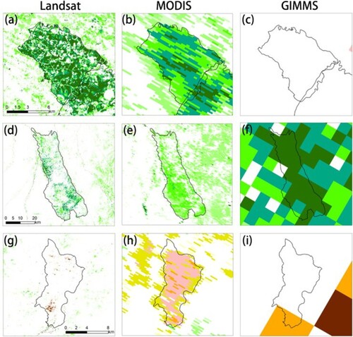 Figure 12. NDVI trend after browning event caused by tundra fires in Alaska. (a)-(c) are the trend results from Landsat, MODIS and GIMMS around Allman Lake fire scar. The black polygon is the maximum boundary of Allman Lake fire scar. (d)-(f) are the trend results from Landsat, MODIS and GIMMS around Anaktuvuk River fire scar. The black polygon is the maximum boundary of Anaktuvuk River fire scar. (g)-(i) are the trend results from Landsat, MODIS and GIMMS around Gechia Lake fire scar. The black polygon is the maximum boundary of Gechia Lake fire scar.