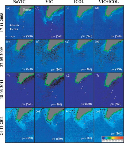 Figure 7. Water-leaving reflectance (ρw) at 560 nm from MERIS full-resolution satellite images from 17 November 2008, 27 May 2009, 18 March 2011, and 24 November 2011 at similar coordinates for the stations shown in Figure 1. Each date shows images with different processing combinations NoVIC, VIC, ICOL, and VIC + ICOL.