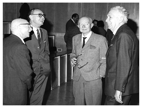 Figure 2. Four professors (also members of the Hungarian Academy of Sciences) at a reception at the University of Pécs in 1980 (L-R, Jenő Ernst, Béla Flerkó, Szilárd Donhoffer, János Szentágothai).