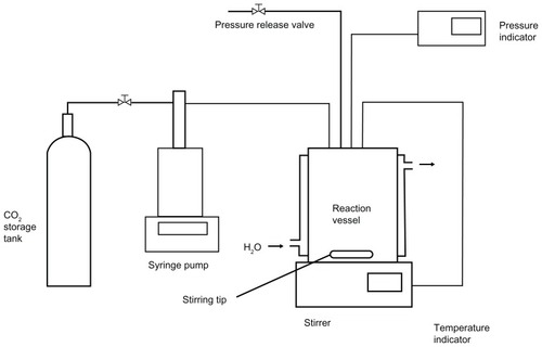 Figure 1 Schematic representation of the experimental apparatus for liposome preparation by SCF-CO2 method.Abbreviation: SCF-CO2, supercritical fluid of carbon dioxide.