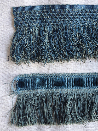Figure 3. Silk fringes dyed with indigo, seventeenth or eighteenth century. Private collection. The top fringe has a narrow edge that can be woven on a table-mounted frame. The adjacent broader section is tied by hand with cords. The lower fringe has a broad edge woven in velvet, a technique that requires an advanced loom with two parallel warp systems.