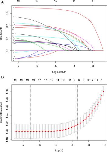 Figure 2 Demographic and clinical feature selection using the LASSO binary logistic regression model for DN.Notes: (A) Optimal parameter (lambda) selection in the LASSO model used fivefold cross-validation based on minimum criteria. The partial likelihood deviance (binomial deviance) curve was plotted versus log (lambda). Dotted vertical lines were drawn at the optimal values by using the minimum criteria and the 1 SE of the minimum criteria (the 1-SE criteria). (B) LASSO coefficient profiles of the 7 features. A coefficient profile plot was produced against the log (lambda) sequence. A vertical line was drawn at the value selected using fivefold cross-validation, where optimal lambda resulted in seven features with nonzero coefficients.Abbreviations: LASSO, least absolute shrinkage and selection operator; SE, standard error.