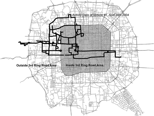 Figure 2. Area division of Beijing roadway network and example of vehicle activity data.