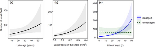 Figure 5. Marginal effect plots for the densities of small, coarse woody habitat (CWH) in gravel pit lakes impacted by large tree density on the shore (a), lake age (b), and the interaction of littoral slope and lake management (c). The shaded region indicates the confidence intervals.