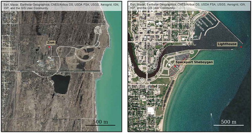 Figure 2. Maps of the EM sites for LMOS 2017 at (a) Zion IL and (b) Sheboygan WI. Also shown is Sheboygan lighthouse, used for supplemental meteorological measurements