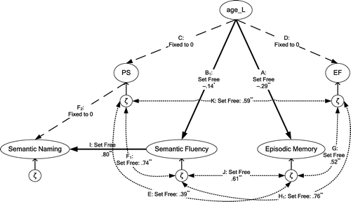 Figure 2. Initial structural model M1, including parameter estimates of the structural relations (*p < .05; **p < .01) (see also Table 4, section I): age-related decline of episodic memory and semantic fluency, indirect decline of semantic naming (via semantic fluency), and preserved processing speed (PS) and executive functioning (EF), with increasing age.