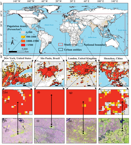 Figure 1. Comparisons of urban entities with the LandScan population product and Landsat images in 2015.