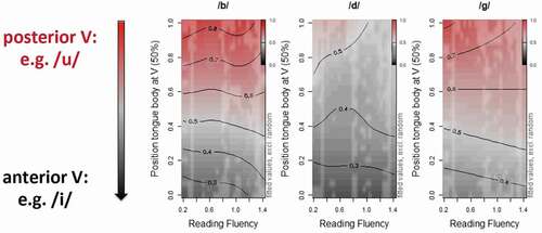 Figure 5. Contour plots illustrating the interaction between the composite reading fluency score (x-axis) and he position of the tongue body at the midpoints of the vowel (y-axis) and consonant (colors: black – anterior; gray – central; red – posterior).