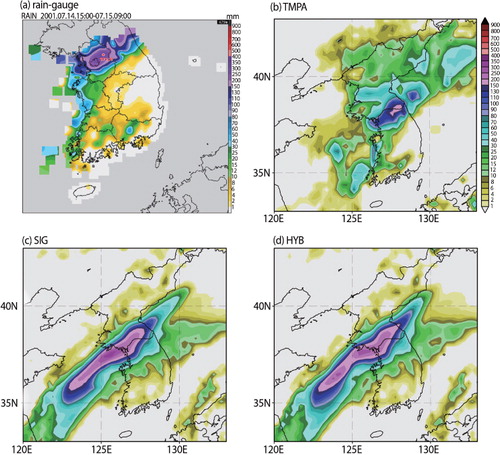 Fig. 2 Amount of 18-hour accumulated rainfall (mm) obtained from the (a) rain-gauge over South Korea and (b) TMPA data over the Korean peninsula and simulated from the (c) SIG and (d) HYB runs at T510L64 resolution.