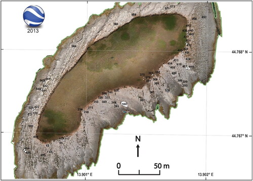Figure 7. The image depicts the digitized, and numbered, detached boulders located on the rocky foreshore of Fenoliga Island using Google Earth, Landsat imagery from February 2, 2013.