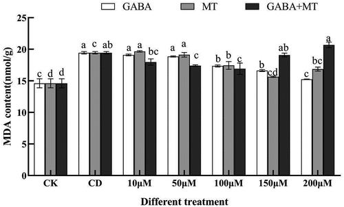 Figure 3. Effects of exogenous γ-aminobutyric acid, melatonin and their combination on the MDA content of tomato shoots under cadmium stress. (CK, the control; CD, 100 µM Cd; 10, 50, 100, 150, 200 µM, repent the tomato seedlings treatment with GABA, MT and GABA plus MT at 10, 50, 100, 150 and 200 μM, respectively, in the presence of 100 μM Cd). The data shown are the averages of three replicates, with the standard errors indicated by the vertical bars. The means denoted by the same letter do not significantly differ at a P < 0.05.