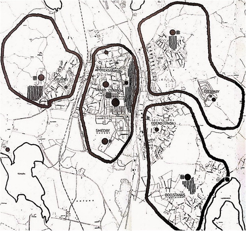 Figure 7. K-Konsult’s 1973 leisure investigation divided the municipality into four zones around a primary school, and proposed ‘exercise centres’ (marked as striped areas) for each zone. Source: Upplands Väsby Municipal archives.