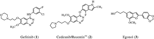 Figure 1. Structure of Gefitinib (1), Cediranib (2) and Egonol (3).