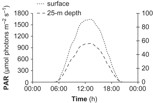Figs 3. Daily mean changes in incident photosynthetically available radiation (PAR) at the surface (left axis) and at 25 m depth (right axis) in May 2006 in the Bay of Villefranche.