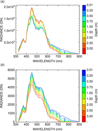Fig. 4 Measurements of spectral downwelling zenith radiance at several levels deep in a 5-m pool with clean water for two different zenith angles: (a) 42.9° on 9 July 2012 and (b) 86.6° on 22 June 2012.