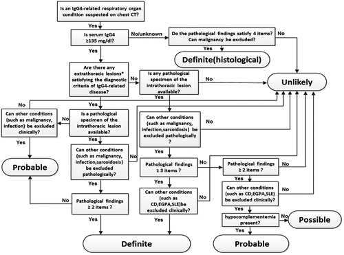 Figure 2. Diagnostic algorithm. CD: Castleman disease (plasma cell type); EGPA: eosinophilic granulomatosis with polyangiitis; SLE: systemic lupus erythematosus. *sclerosing dacryoadenitis・sialadenitis, autoimmune pancreatitis, IgG4-related sclerosing cholangitis, IgG4-related kidney disease, retroperitoneal fibrosis.Reprinted permission from Reference [Citation5].