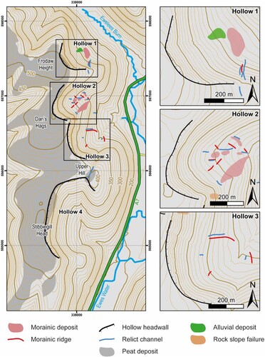 Figure 2. Glacial geomorphology of the study area. Four amphitheater-shaped hollows are identified, but glacial landforms are only identified in Hollows 1, 2, and 3.