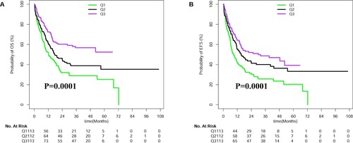 Figure 1. Survival analyses of patients with CN-AML. Kaplan–Meier estimates of OS (A) and EFS (B) by low, intermediate, and high groups for CN-AML patients, respectively.