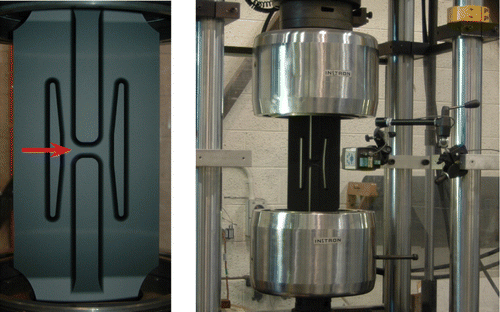 Figure 15 Close-up of an F-111 lower wing-skin coupon (left) with an arrow highlighting a fatigue-critical feature under examination by MiTE (right).