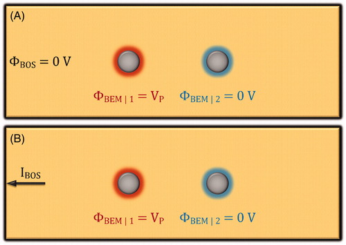 Figure 3. Examples of applied boundary conditions for the calculations of the electric potential distribution with arrow representing electric-current flow through the outer surface of the model (IBOS [A]). The red and the blue circles represent BEM with the electrodes given in the color gray, and black lines represent the BOS of the model. (A) shows Dirichlet boundary conditions at BEM and BOS, and (B) shows Dirichlet boundary conditions at BEM, and Neumann boundary conditions at BOS if IBOS = 0 A or Robin boundary conditions if IBOS is limited.