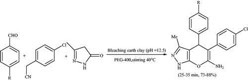 Scheme 54. Synthesis of pyrano[2,3-c]pyrazole using bleaching earth clay.