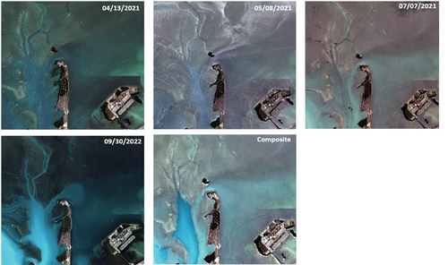 Figure 4. The images from each date and the composite image. Images are displayed as near real color (i.e. Sentinel bands 4, 3, 2 displayed in red, green, and blue, respectively). An image-specific percent clip stretch has been applied to each image.