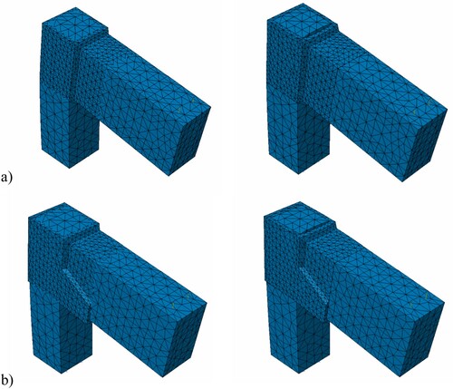 Figure 7. Deformation of joints obtained by numerical calculation: (a) connector A – I mod (left) and III mod (right), (b) (a) connector C – I mod (left) and III mod (right).