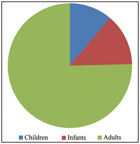 FIG 3. Pie chart showing the proportions of children, infants and adults found in large cemeteries with over 100 graves. Drawn by D Sayer ©.