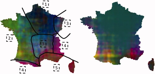 Figure 9. PCA representation of the learnt geographical context embedding for our multi-LULC model (left) and the mono-LULC OSO to CLC model (right). One may easily delineate the main French landscapes, namely (1) Paris basin, (2) Atlantic seacoast, (3) Medium mountains, (4) High mountains and (5) Mediterranean seashore.